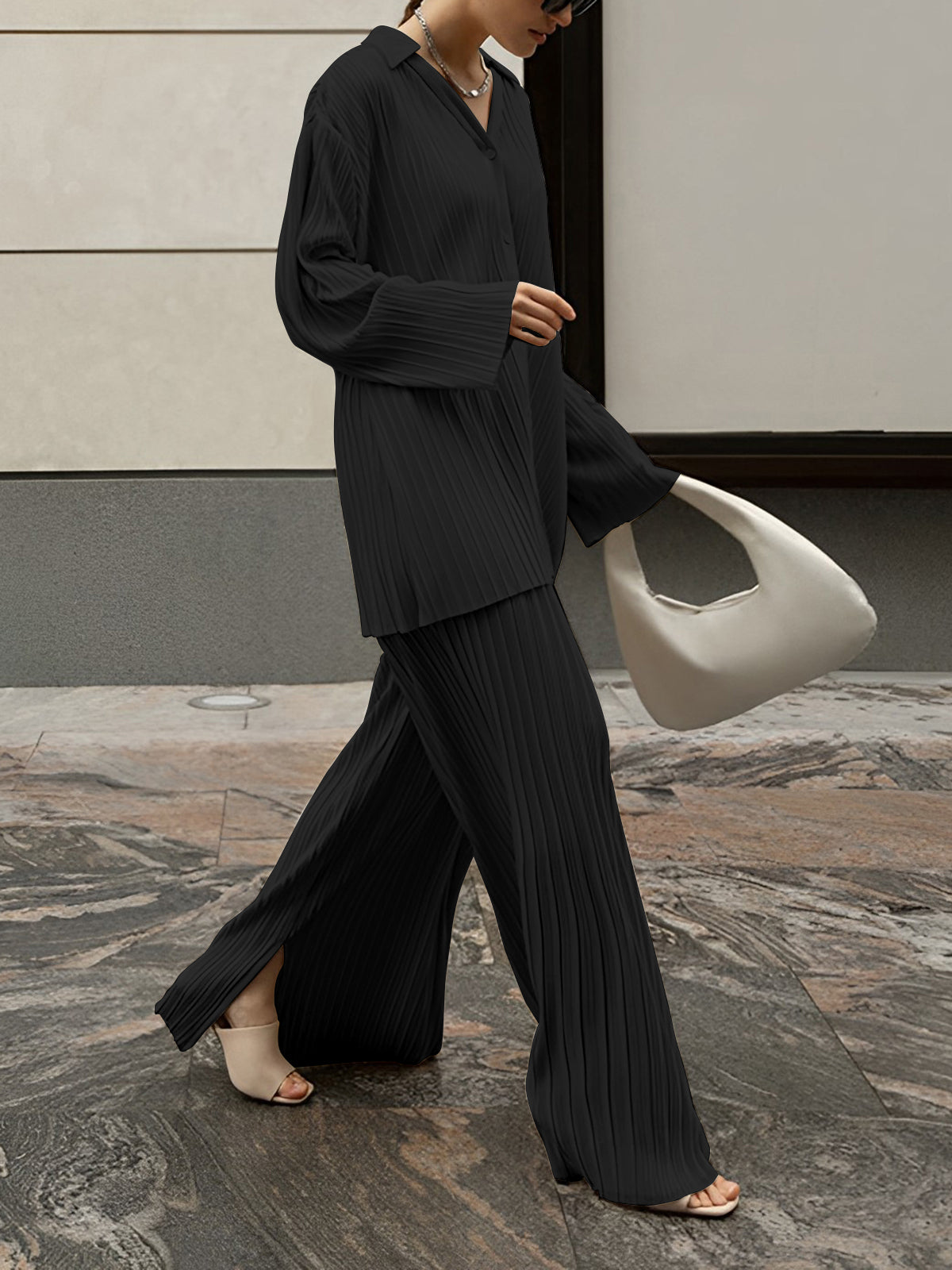 CD | Bluză plisată elegantă și elegantă și set de pantaloni pentru femei