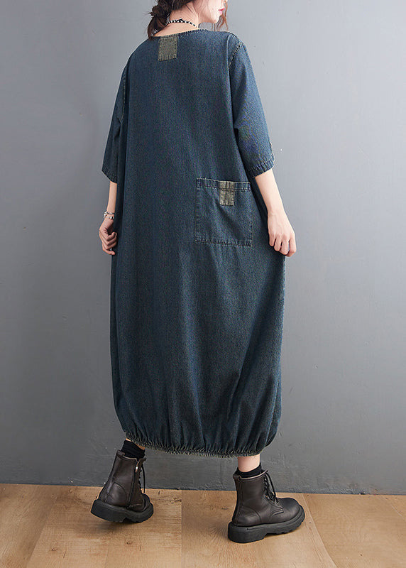 Baggy Blue O-neck Pockets Patchwork Denim Dresses Half Sleeve