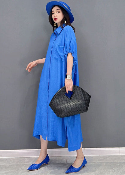 Baggy Blue Peter Pan Collar Oversized Cotton and Linen Shirt Dress Short Sleeve