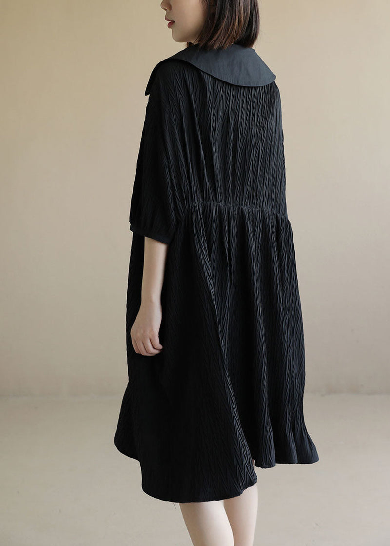 Baggy Black Peter Pan Collar Wrinkled Lace Up Maxi Dresses Short Sleeve