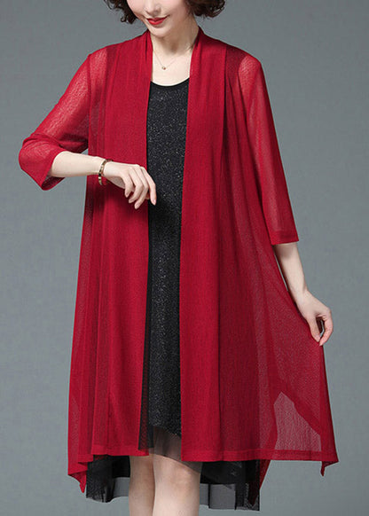 Baggy Red Upf 50+ Knit Beach Cardigan Three Quarter Sleeve