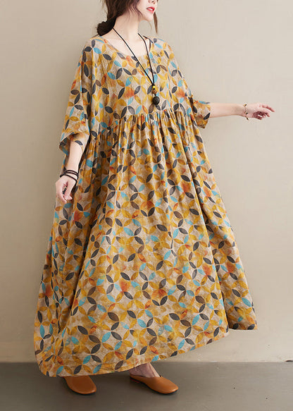 Baggy Yellow O-neck Wrinkled Leaf Print Linen Ankle Dress Half Sleeve