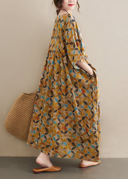 Baggy Yellow O-neck Wrinkled Leaf Print Linen Ankle Dress Half Sleeve