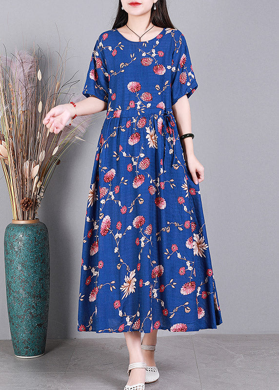 Beach Blue O-neck Print Drawstring Tie Waist Linen Vacation Dresses Short Sleeve