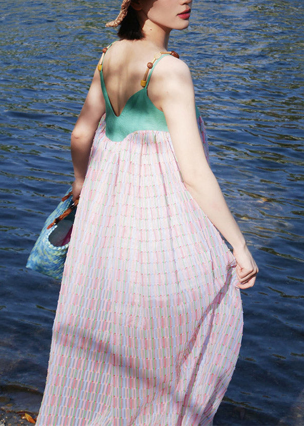 Beach Colorblock V Neck Patchwork Holiday Maxi Dress Sleeveless
