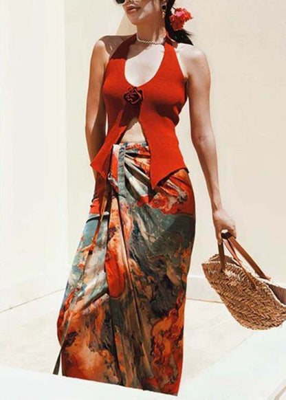 Beach Red Vest and Maxi Skirts Two Pieces Set Summer