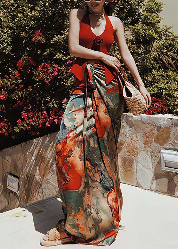 Beach Red Vest and Maxi Skirts Two Pieces Set Summer