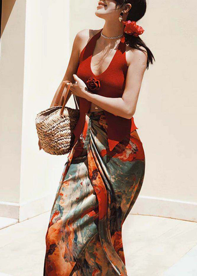 Beach Red Vest and Maxi Skirts Two Pieces Set Summer