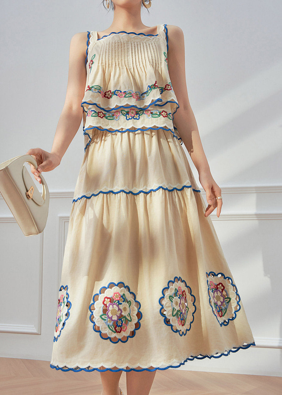 Beach Yellow Embroidered Linen Top and Maxi Skirts Two Pieces Set Summer