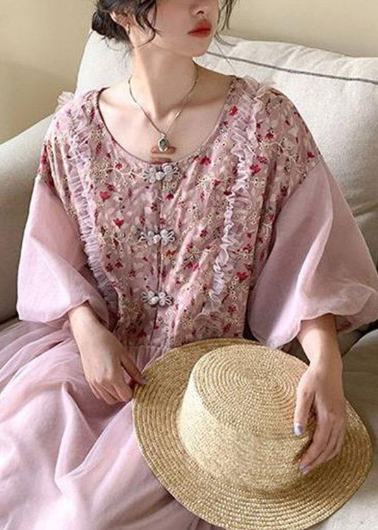 Apricot O-neck Embroideried Tulle Patchwork Maxi Dresses Half Sleeve