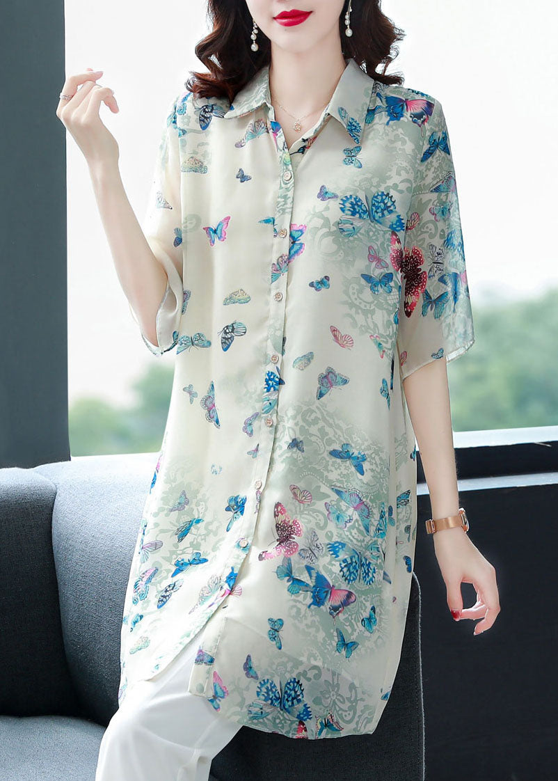 Apricot Peter Pan Collar Butterfly Print Chiffon Shirts Top Summer