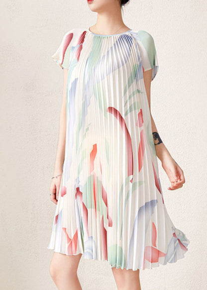 Apricot Print Wrinkled Party Mid Dress Short Sleeve