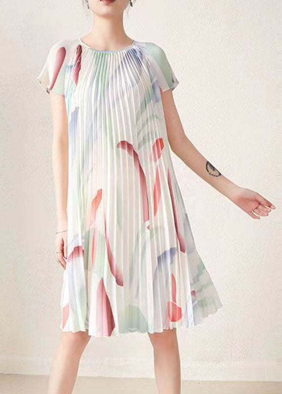 Apricot Print Wrinkled Party Mid Dress Short Sleeve