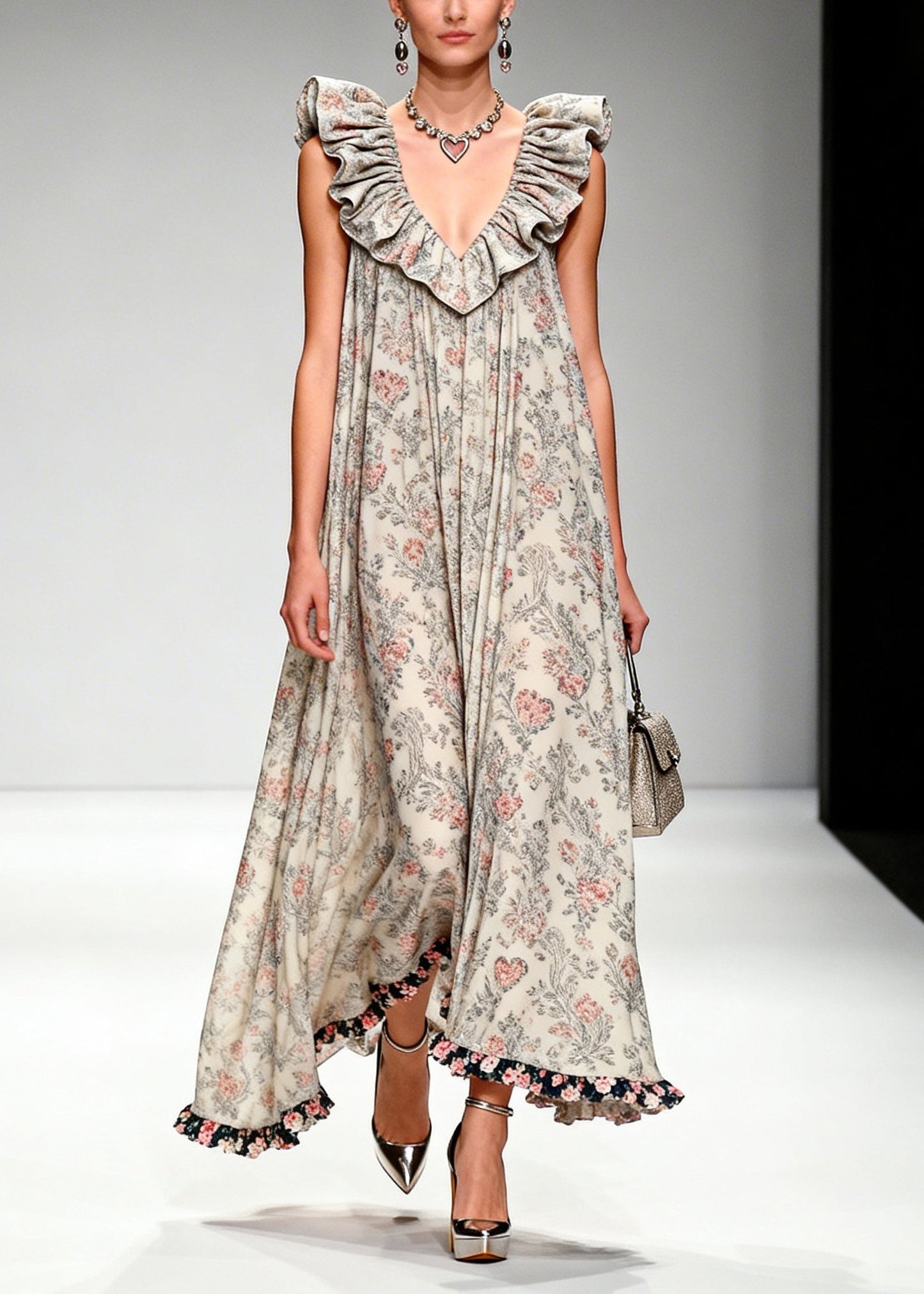 Apricot Ruffled Print Chiffon Maxi Dresses Sleeveless