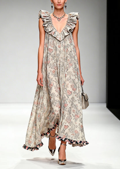 Apricot Ruffled Print Chiffon Maxi Dresses Sleeveless