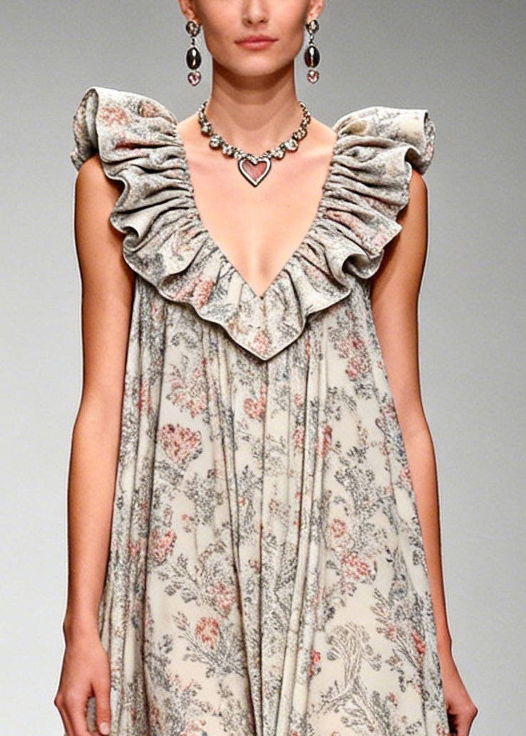 Apricot Ruffled Print Chiffon Maxi Dresses Sleeveless