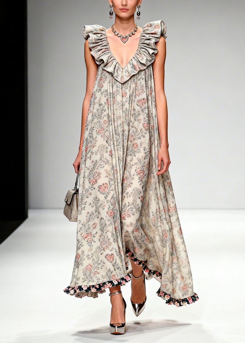 Apricot Ruffled Print Chiffon Maxi Dresses Sleeveless