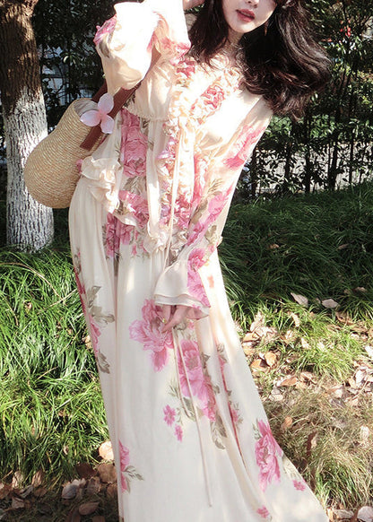 Apricot Ruffled Print Chiffon Two Pieces Set Spring