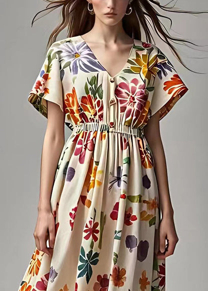 Apricot V Neck Print Cotton Maxi Dresses Summer
