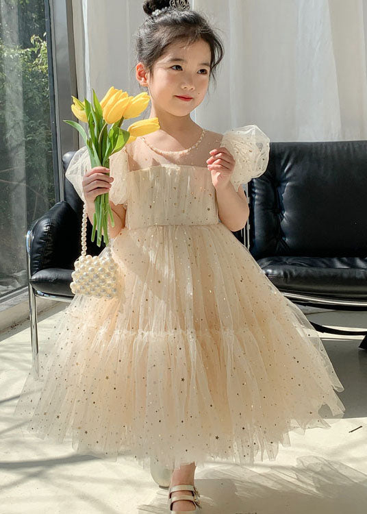 Apricot Wrinkled Sequins Patchwork Tulle Kids Dresses Summer