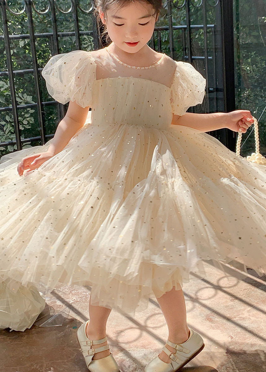 Apricot Wrinkled Sequins Patchwork Tulle Kids Dresses Summer