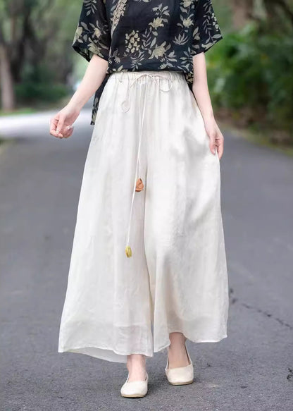 Beige High Waist Elastic Waist Linen Pants Summer