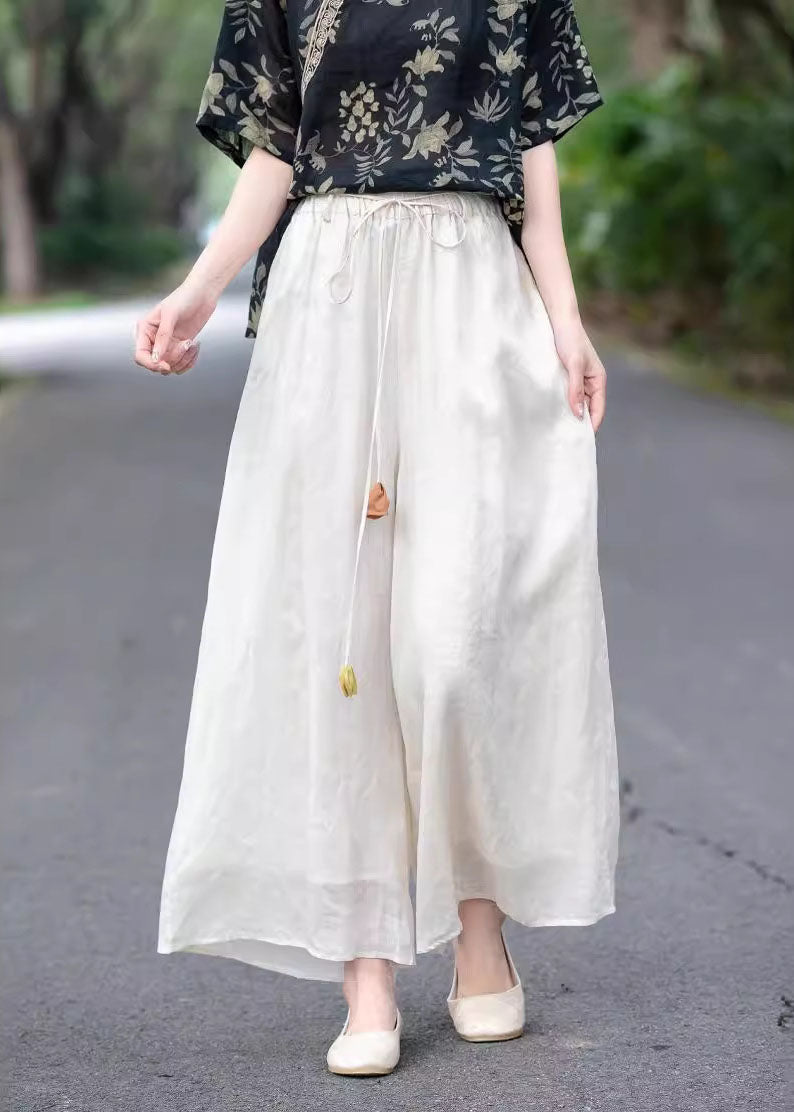 Beige High Waist Elastic Waist Linen Pants Summer