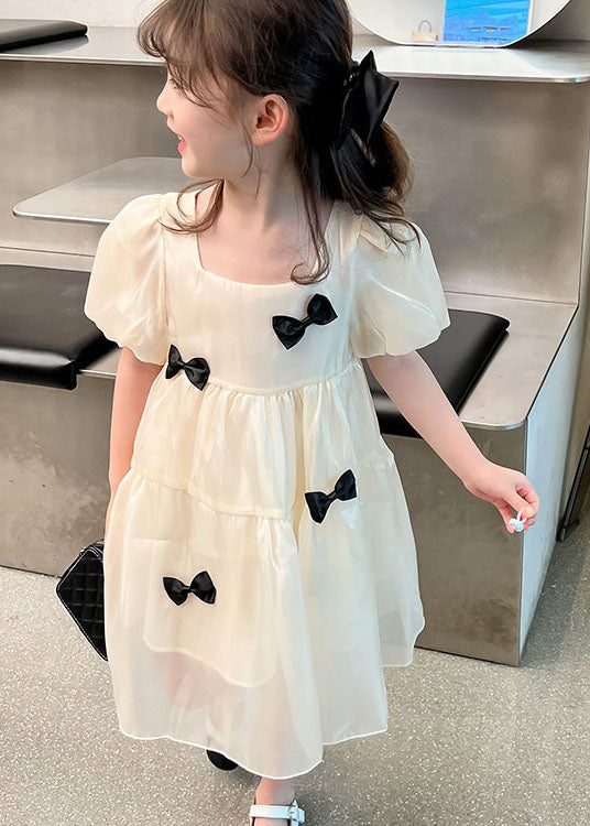 Beige O Neck Bow Patchwork Tulle Kids Dress Summer