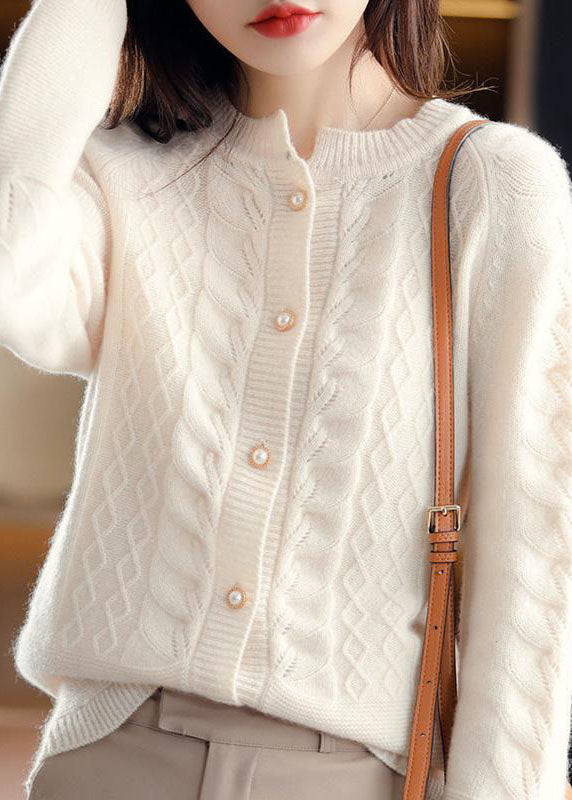 Beige O-neck Pearl Button Wool Knit Cardigan Winter