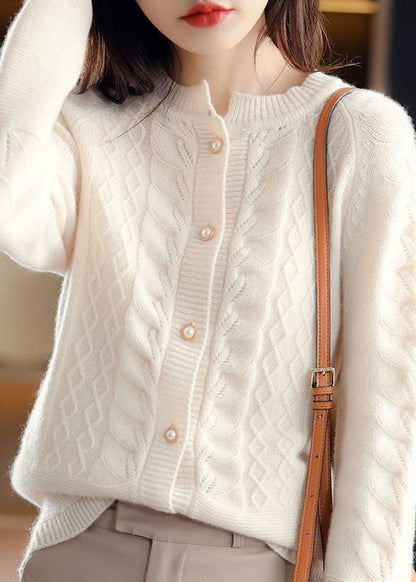 Beige O-neck Pearl Button Wool Knit Cardigan Winter