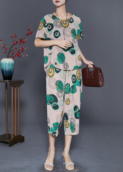 Beige O-neck Side Open Linen Two-piece Set Summer