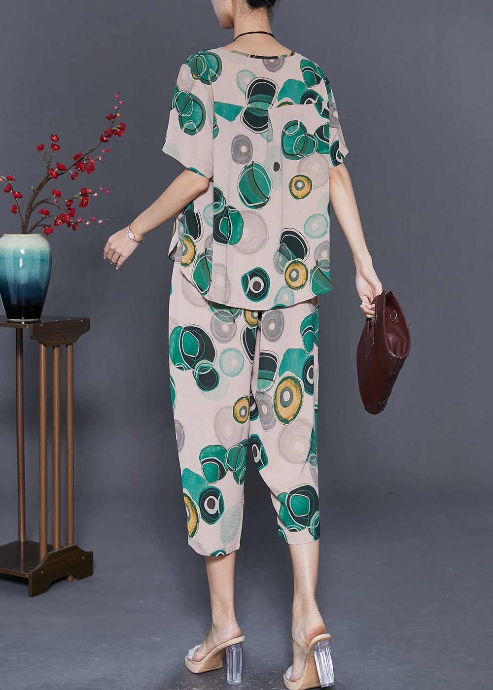 Beige O-neck Side Open Linen Two-piece Set Summer