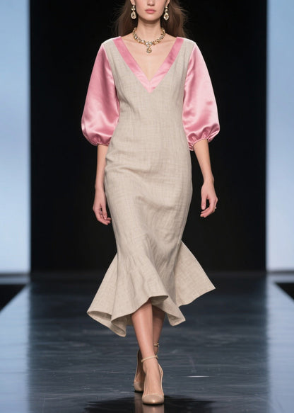 Beige Puff Sleeve Patchwork Linen Silk Maxi Dress Summer
