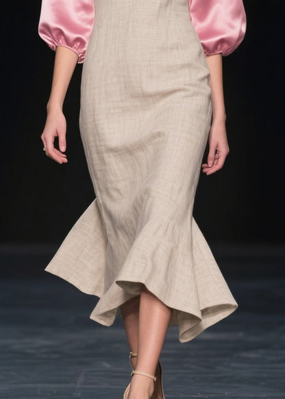 Beige Puff Sleeve Patchwork Linen Silk Maxi Dress Summer