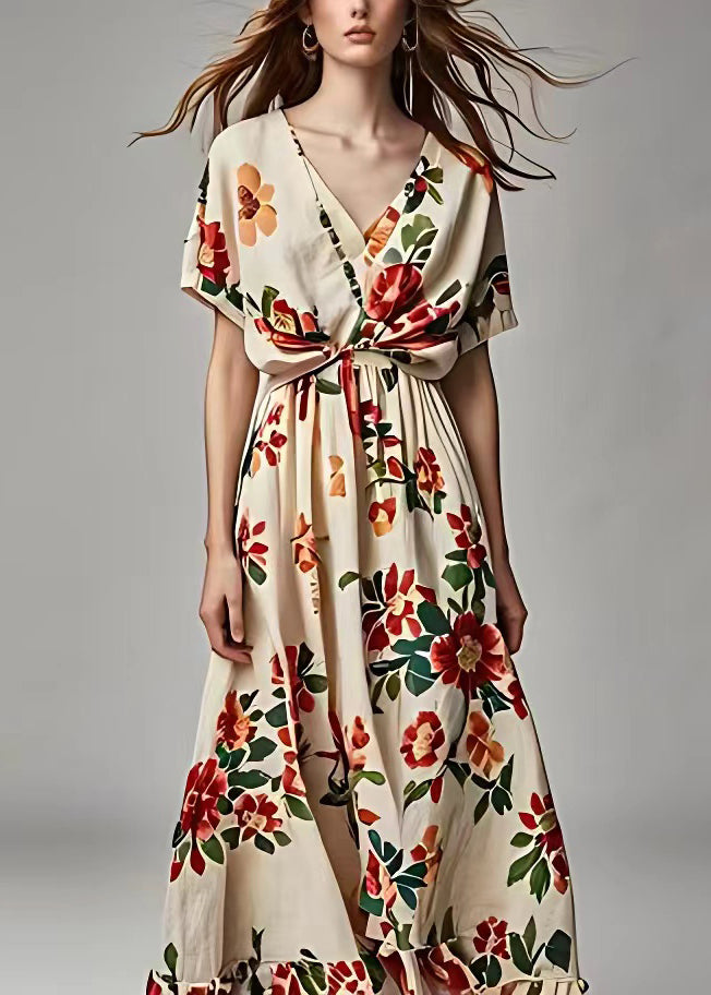 Beige V Neck Print Cotton Long Dress Summer