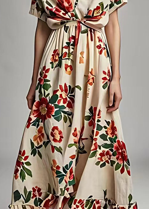 Beige V Neck Print Cotton Long Dress Summer