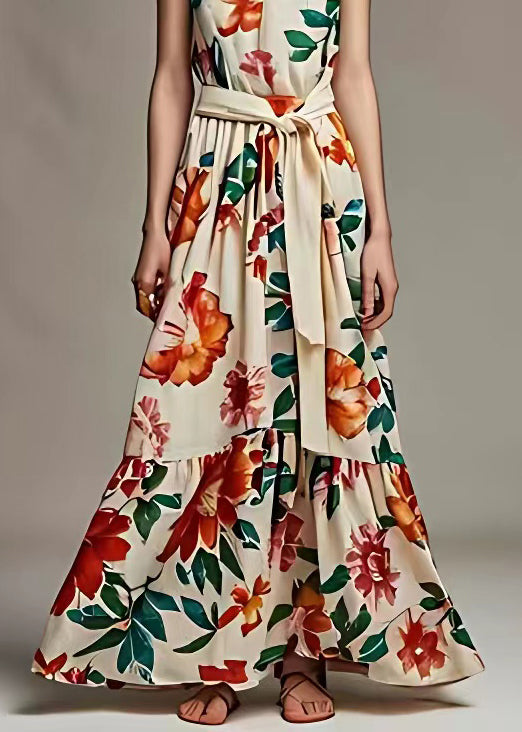 Beige V Neck Print Tie Waist Cotton Long Dresses Sleeveless
