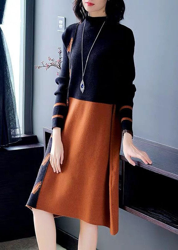 Black Brown Stand Collar Patchwork Jacquard Knitwear Dress Winter