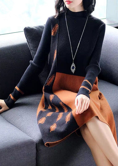Black Brown Stand Collar Patchwork Jacquard Knitwear Dress Winter
