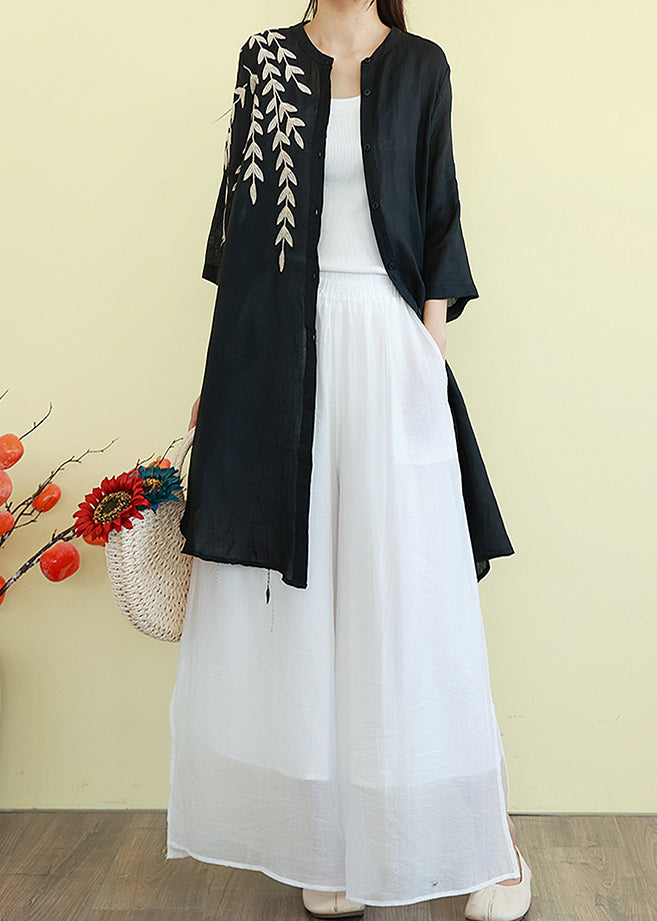 Black Embroidered Linen Shirt Dresses Summer