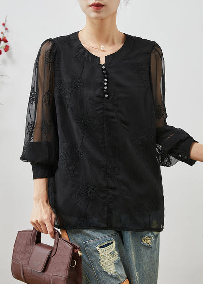 Black Embroidered Linen Silk Shirt Top Summer