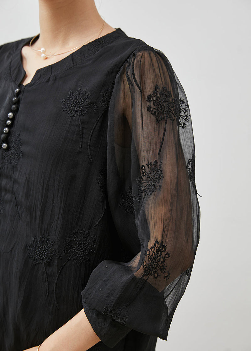 Black Embroidered Linen Silk Shirt Top Summer