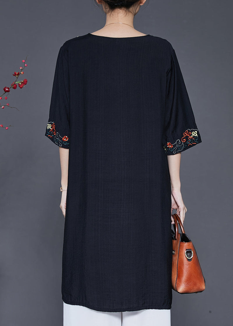 Black Embroidered Oversized Linen Dress Summer
