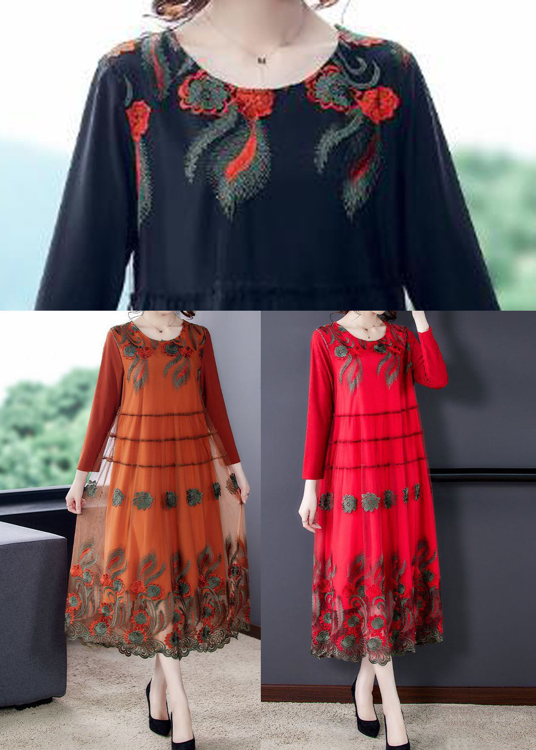 Black Embroideried Patchwork Tulle Party Dress Spring