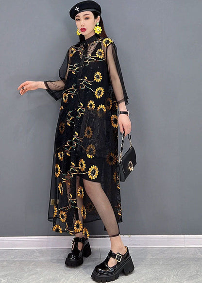 Black Hollow Out Print Tulle Upf 50+ Long Shirt Dress Summer