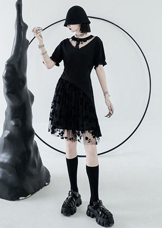 Black O-neck Asymmetrical Design Tulle Cotton Mid Dress Summer