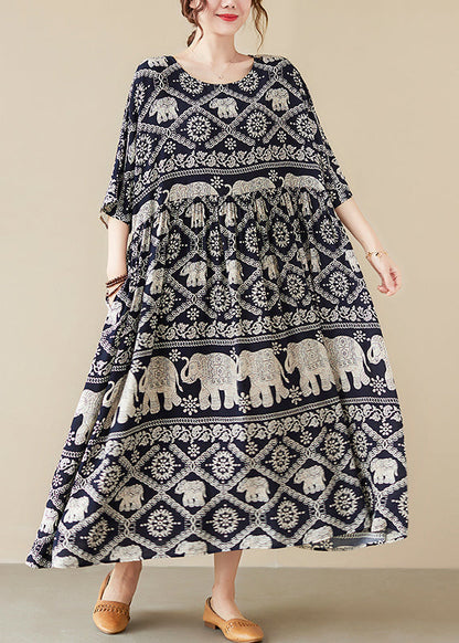 Black O-neck Elephant Print Chiffon Party Dress Half Sleeve