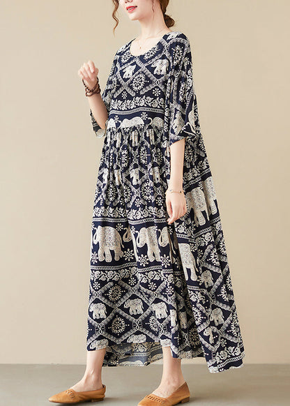 Black O-neck Elephant Print Chiffon Party Dress Half Sleeve