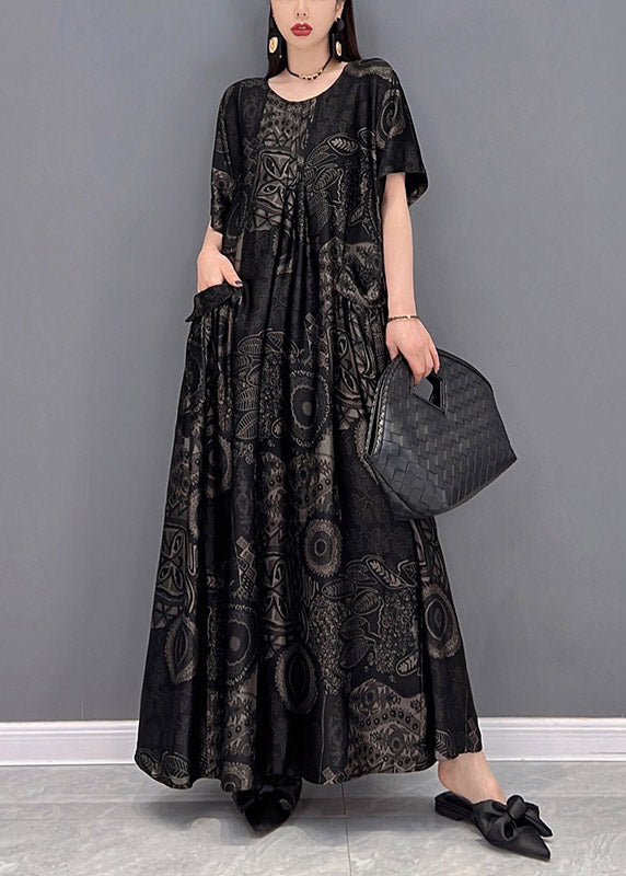 Yellow Leopard Print O-neck Print Pockets Long Dresses Short Sleeve