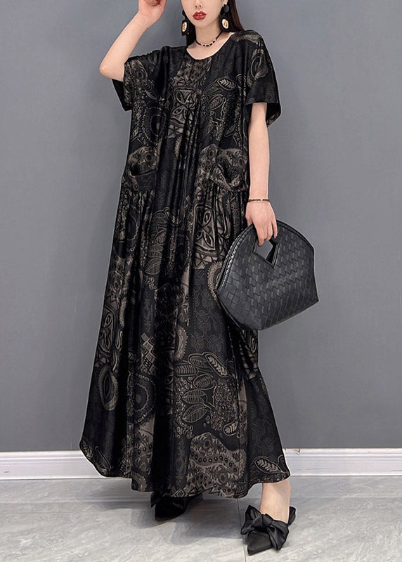 Black Flower O-neck Print Pockets Long Dresses Short Sleeve